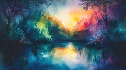 Obraz premium A Colorful Watercolor Painting Depicting a Lakeside Forest Scene