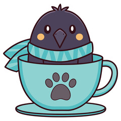 Cartoon Crow in a Blue Cup with Paw Print and Scarf on White Background