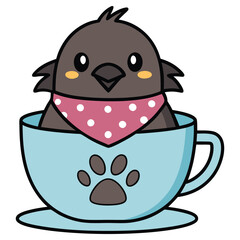 Cute Brown Bird Wearing Pink Bandana Inside Light Blue Cup With Paw Print Design
