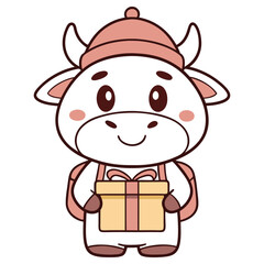 Cute Cartoon White Cow with Gift Box and Pink Winter Hat on White Background