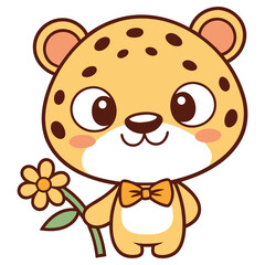 Cute Cartoon Leopard with Bow Tie Holding a Flower on Transparent Background