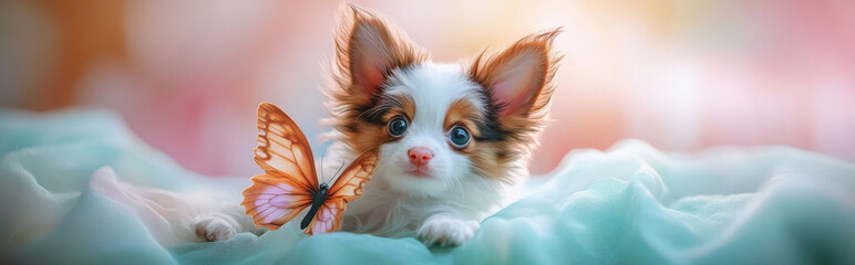 Obraz premium A delicate Papillon with butterfly-like ears, perched on a hovering leaf shaped like a wing, in front of a pastel swirl backdrop