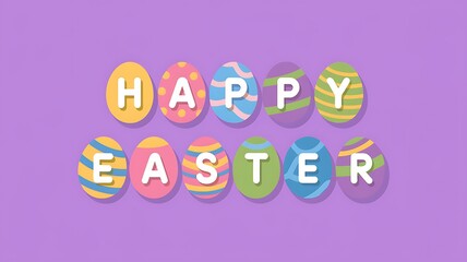 Fototapeta premium A collection of multicolored eggs spelling out the words 'Happy Easter' in vibrant colors with solid purple background and white letters, creating a festive and eye-catching Easter design festive vibe