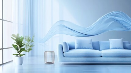 Modern living room with clean blue air flowing around furniture. Fresh air, air filtration technology enhance comfort, healthy indoor atmosphere. Smooth blue waves of air simulate cool breeze. Soft