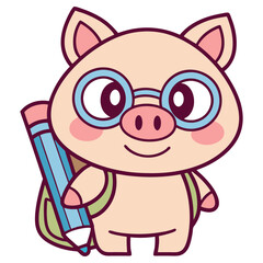 Cheerful Pig Character With Backpack, Pencil and Glasses on White Background