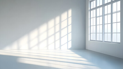 Obraz premium A clean, white room with sunlight streaming in through the window, casting shadows on an empty wall