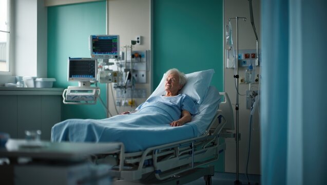 Elderly caucasian female patient resting in hospital bed in medical facility