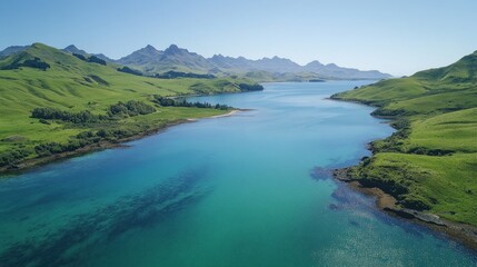 Spectacular aerial view of turquoise sea meeting green rolling hills coastline