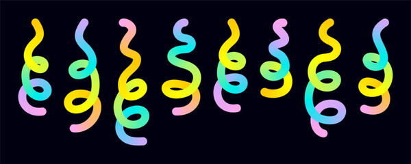 Isolated swirl elements for 3d confetti flying from cracker, neon ribbon, serpentine on black background, firework for birthday celebration, festival, carnival. Vector EPS10	