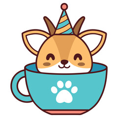 Fototapeta premium Cute Puppy with Party Hat Sitting in a Tea Cup with Paw Print