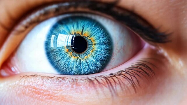 Stunning close-up of a vibrant blue eye with intricate details on a well-lit background showing reflections