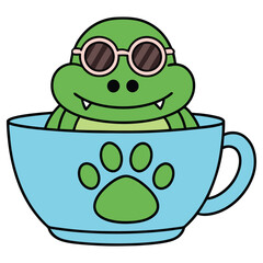 Cartoonish Green Frog with Sunglasses Sitting Inside a Blue Mug with Paw Print