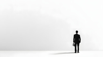 Obraz premium A businessman in a sleek black suit stands against a white background symbolizing corporate success solitude and decision-making in the modern business world ideal for finance leadership and career co