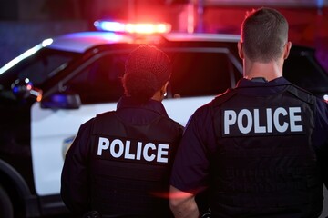 Rear view of police officers at night scene with patrol car lights flashing