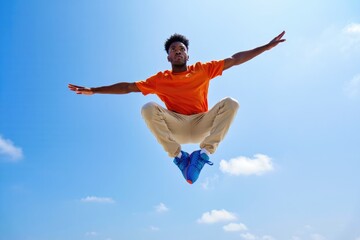Obraz premium Young african male mid-air jump against clear blue sky