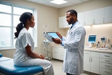African female patient consulting with african male doctor in medical exam room