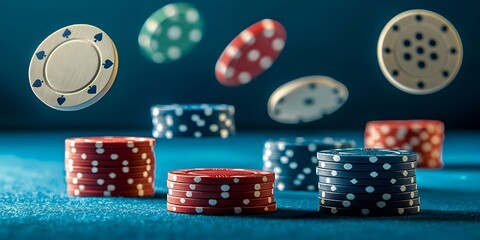 Colorful chips flying in the air during an exciting online gambling session. Generative AI