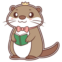Cartoon Otter with Crown and Bowtie Holding Book on a Transparent Background