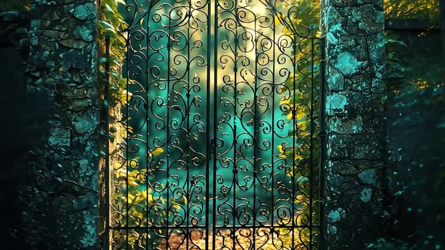 Ornate metal gate in a lush garden setting.