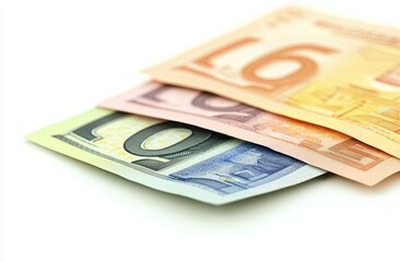Fototapeta premium Several Euro bills arranged neatly against a plain white backdrop