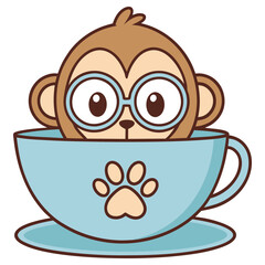 Cartoon Monkey with Glasses Inside Light Blue Cup with Paw Print on White