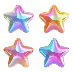 Colorful Holographic Star Balloons With Shiny Glaze, Playful Shapes On Transparent Background