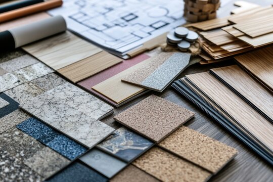 Interior design project samples.  Various flooring and wall covering options displayed on a desk.  Architectural plans, wood samples, and design elements are present