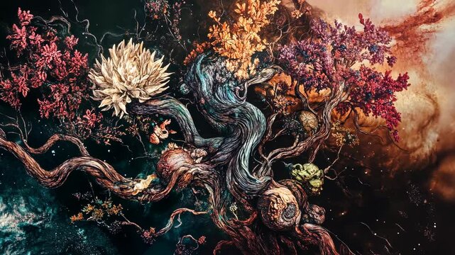 Stunning intricate artwork of a cosmic tree with vibrant flowers and swirling colors against a celestial background