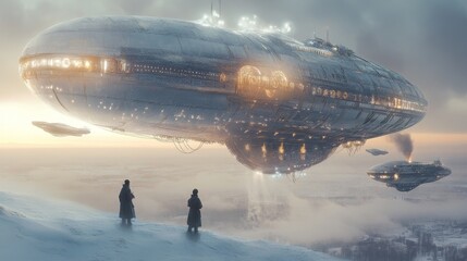 Large illuminated airships float above a serene, snowy landscape at sunset, with two silhouetted figures observing the scene. A captivating futuristic winter concept.. AI Generation
