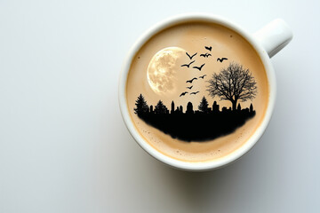 A latte art design featuring the tree and birds, creating an aerial view of the coffee cup on a white surface