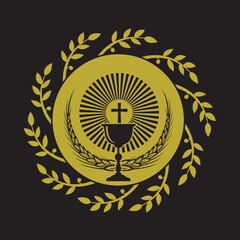 golden holy communion icon with chalice and wheat isolated on black background