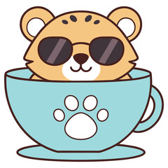 Cute Cartoon Bear in Teal Mug with Sunglasses and Paw Print, Isolated