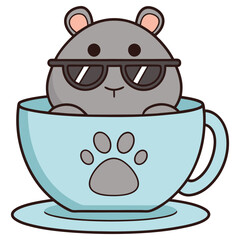 Cute Hamster with Sunglasses in Blue Tea Cup with Paw Print, Transparent Background