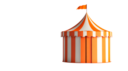 Stripped circus tent with the flag on black background, cut out transparent