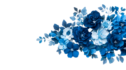 Floral arrangement of blue flowers with leaves, cut out transparent