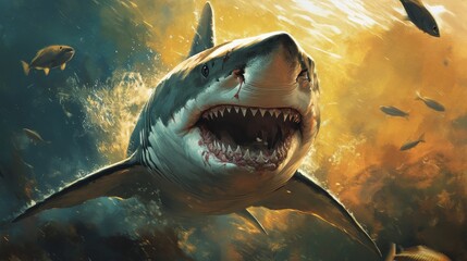 A stunning underwater view of a great white shark swimming against a golden sunset-lit ocean, surrounded by small fish, blending power and beauty in a marine setting.. AI Generation