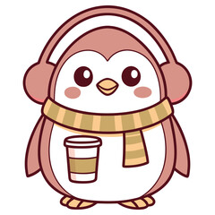 Cute Penguin with Earmuffs, Scarf, and Coffee Cup on a Transparent Background