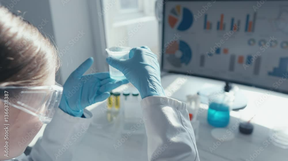 Aufkleber A focused scientist in a lab coat examines a sample in a petri dish, surrounded by colorful test tubes and statistical data on a screen, illustrating vaccine development and scientific research.