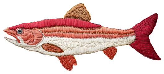 PNG Salmon fish embroidery style fabric handcrafted decorative.