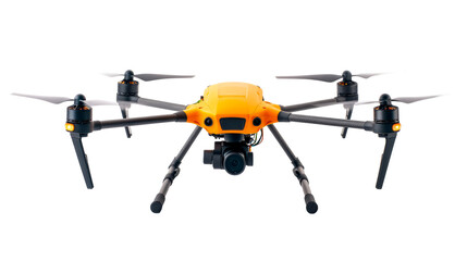 Orange drone with camera, aerial photography, black background, cut out transparent