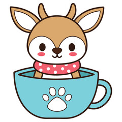 Fototapeta premium Charming Cartoon Deer with Polka Dot Scarf Sitting in Blue Cup on White