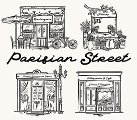 Set of Parisian charming storefronts vector hand drawn illustration set