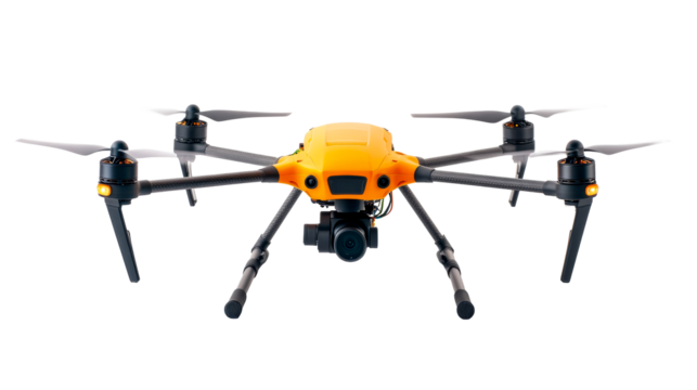 Orange drone with camera, aerial photography, black background, cut out transparent