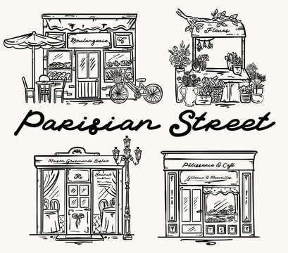 Set of Parisian charming storefronts vector hand drawn illustration set