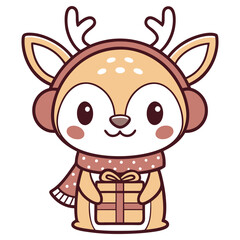 Festive Cartoon Deer Holding Gift in Padded Earmuffs with White Background