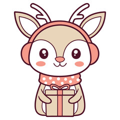 Cute Cartoon Deer with Earmuffs and Scarf Holding Gift Box on White