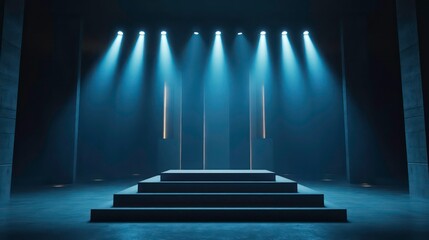Naklejka premium Empty podium with spotlights. Business success, achievement concept. Indoor setting suggests corporate event ceremony. Potentially business meeting, award ceremony, product launch. Ideal for business