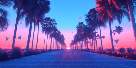 Retro Futuristic Vaporwave Art Palm Trees Sunset Surreal Beach Road 80s Aesthetic Neon Landscape Digital Print