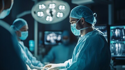 a team of surgeons conducting surgery in a hospital operating room. The scene is intense, highlighting focus on patient care and surgical expertise.