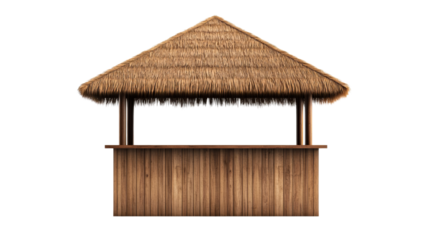 Tiki bar with thatched roof and wooden counter, cut out transparent